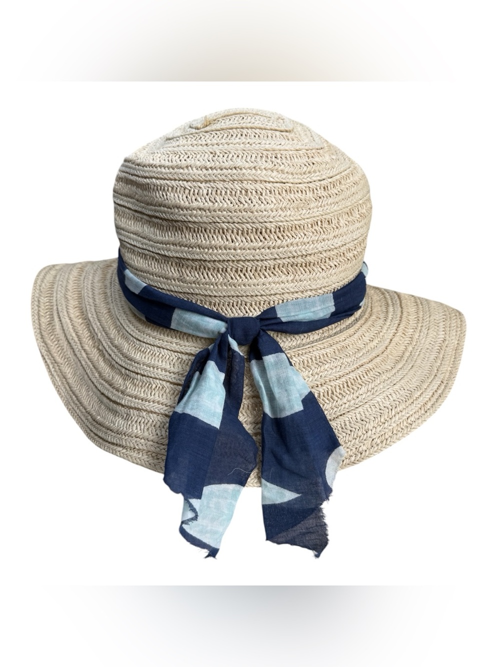 Hat Attack Straw Hat Summer Hat Blue and White Dot Ribbon
